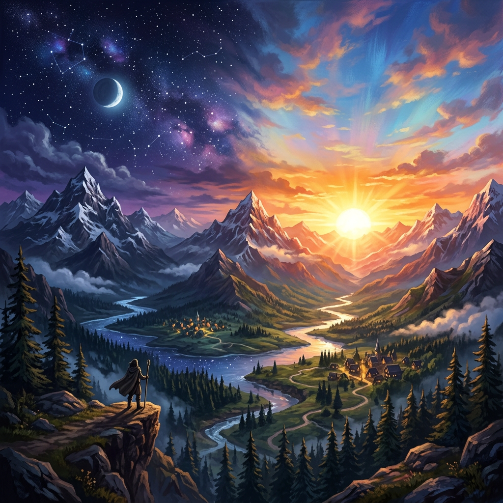 Traveler standing on cliff overlooking mountain valley with river, villages, sunrise, and night sky with constellations